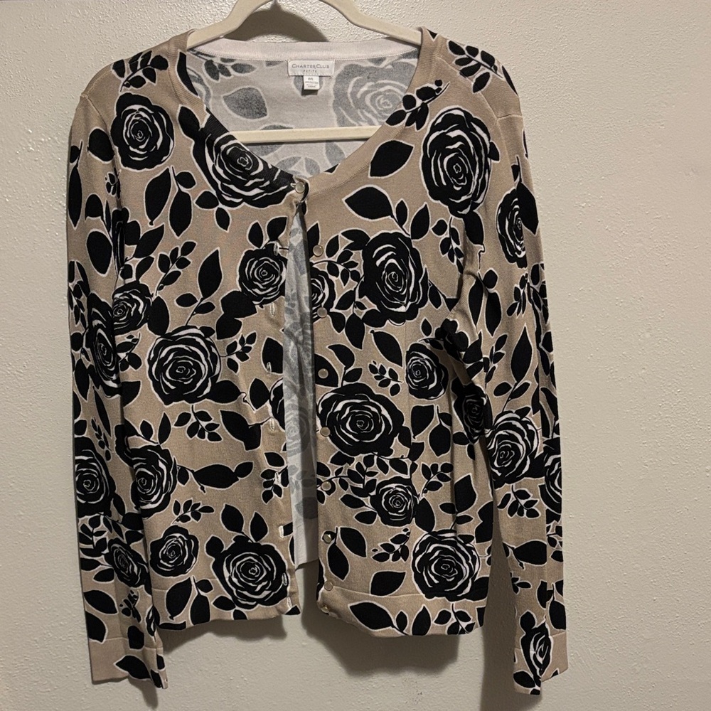 Charter Club Beige and Black Floral Cardigan
